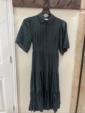 bohme Dark Green Eyelet Tiered Button-Front Midi Dress